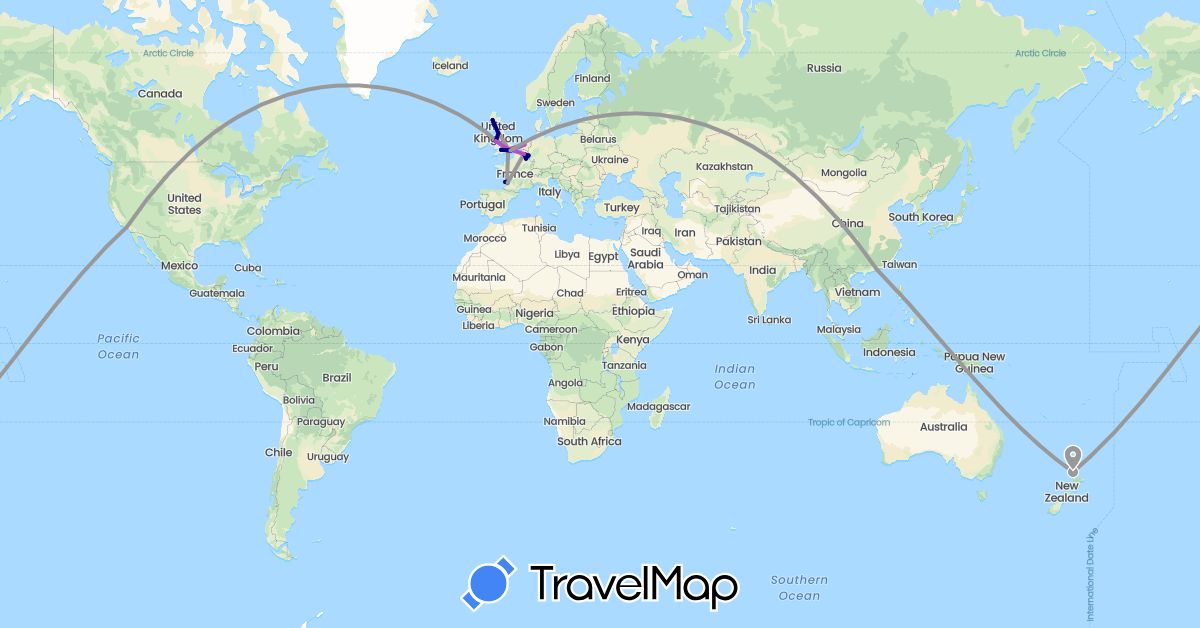 TravelMap itinerary: driving, plane, train in Belgium, China, France, United Kingdom, Netherlands, New Zealand, United States (Asia, Europe, North America, Oceania)